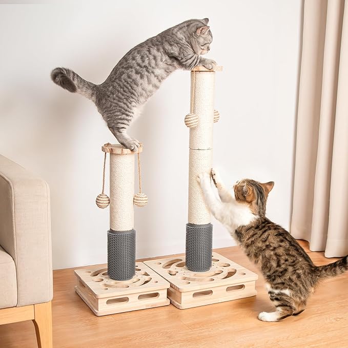 20.5 Inch Cat Scratching Post, 4-in-1 Interactive Maze Base with Cat Self Groomer, Natural Pine Wood & Premium Sisal Scratching Pole, Anti-Slip Detachable Design for Indoor Cats