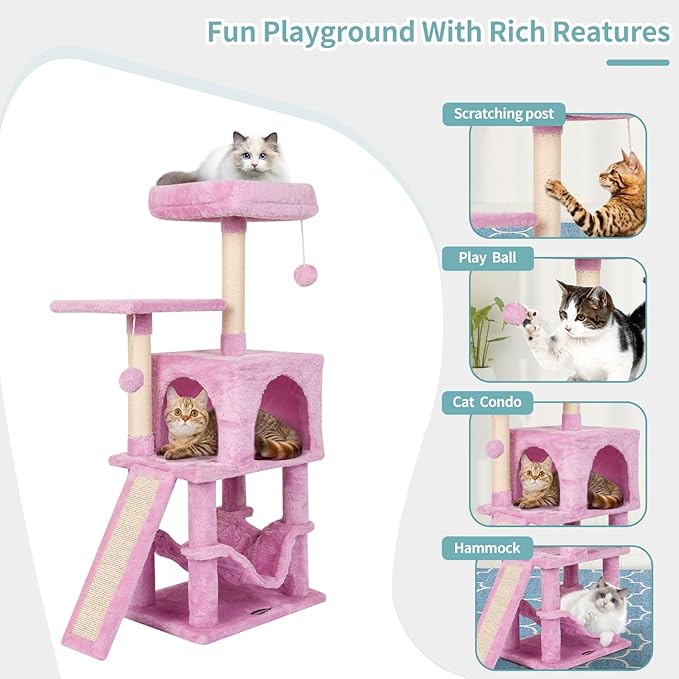 Pink Cute Cat Tree for Indoor Cat Tower with Scratching Post Modern Activity House Hammock Hanging Ball Condo with Board