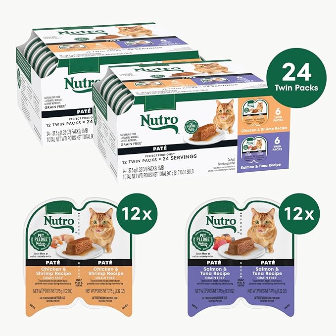 Nutro Wet Cat Food Pate Multipack: Variety Pack, Salmon & Tuna Recipe, Chicken & Shrimp Recipe, 2.64 oz. Trays (12 Count, Pack of 2)