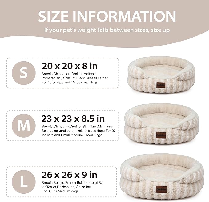 Cat Bed Puppy Bed - Washable Round Cat Beds for Indoor Cats, Soft Corduroy Fleece Pet Bed for Kitten and Samll Dog with Removable Double Sided Inner Cousion, 26", Beige