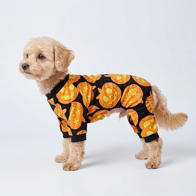 Fitwarm Halloween Pumpkin Dog Pajamas, Funny Dog Winter Clothes for Small Dogs Girl Boy, Pet Jumpsuit, Cat Halloween Costumes with Feet, Lightweight Velvet, Black, Orange, XL