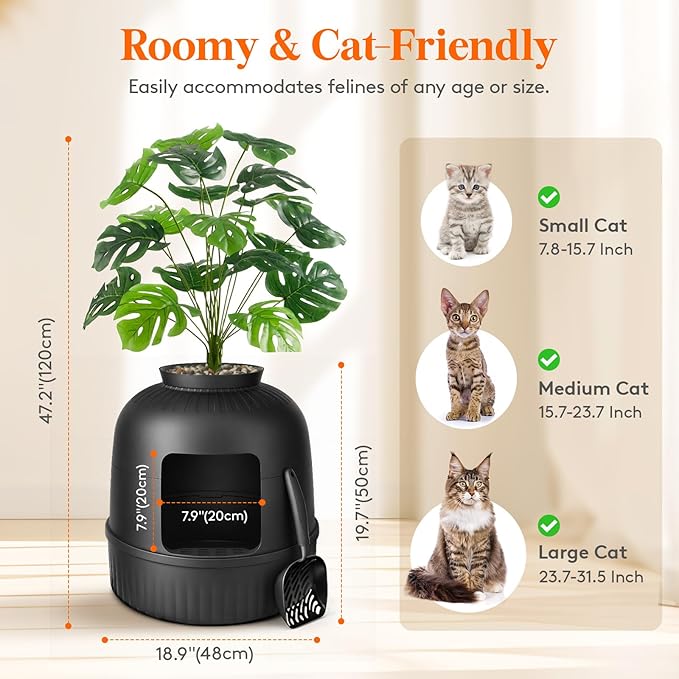 Lifewit Cat Litter Box, Hidden Enclosure Litter Tray with Odor Control & Carbon Filter in Living Room, Bedroom, Corner with Faux Plant& Stainsteel Scoop, 48 x 120 cm/19x47, Black