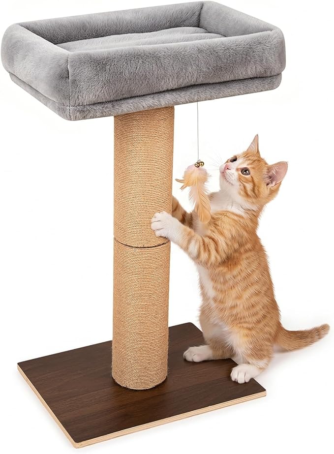 Cat Scratching Post, Retro-Style Tall Cat Scratcher Tower with Removable Gray Fluffy Cusion Perch, Natural Pine & Sisal Cat Scratcher for Indoor Cats, Medium