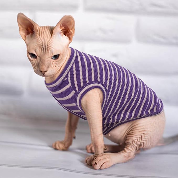 Sphynx Cat Clothes, Breathable Hairless Cat Shirts, Stripe Kitten T-Shirts Sleeveless, Pullover Cat Sweaters, Pet Summer Apparel for Sphynx, Cornish Rex, Devon Rex, Peterbald, Small Dogs