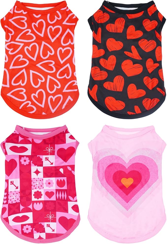 PET SHOW 4 Pack Valentines Day Dog Shirts for Extra Small Doggies Tank Top Tee Red Pink Love T-Shirts Pets Holiday Party Sleeveless Vest Cats Kittens Puppy Clothes Boys Girls(X-Small)