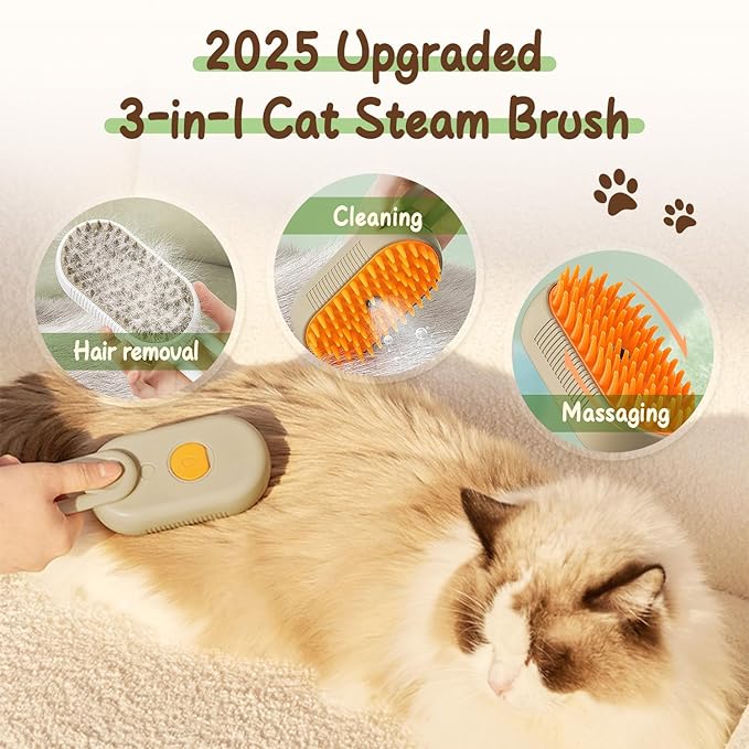 Defur Comb for Cats Dogs, 3 in 1 Steam Cat Brush Cat Steam Brush for Shedding & Grooming, Self Cleaning 3 in 1 Pet Brush Pet Grooming Brush with Spray (Khaki)
