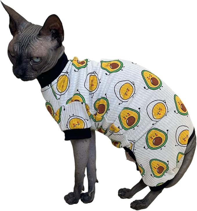 Sphynx Cat Four Leg Cotton Pajamas Elastic Pet Clothes for Hairless Cats Surgery Recovery Suit Cat Undershirt Clothes for Sphynx, Devon, Cornish (Egg & Avocado, L)