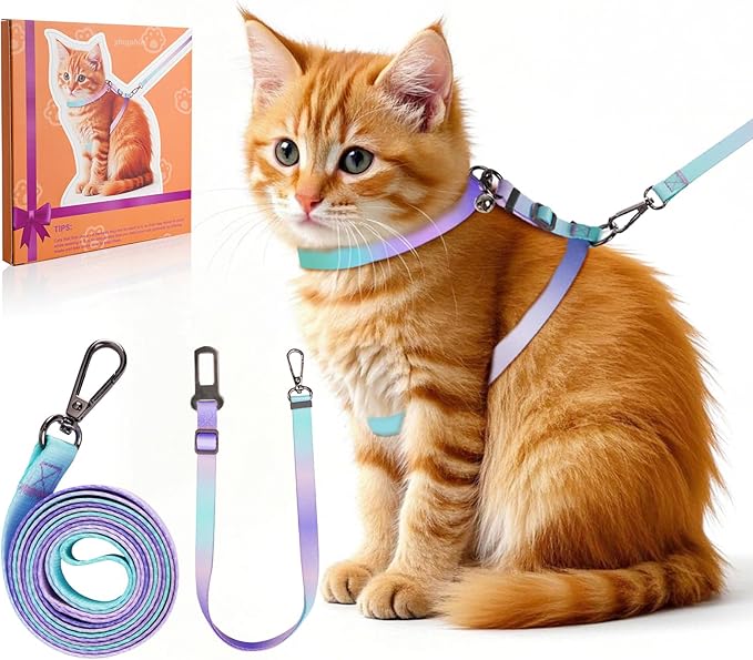 Cat Harness and Leash Set, Collars,Car Seat Belt [4 in 1 Detachable & Adjustable] Escape Proof Cat Harness, Comfortable Soft Lightweight, Walking Travel Kitten Harness for Small Medium Large Cats (M)