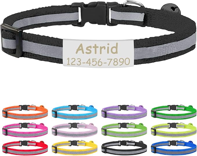 CAMAL Cat Collar with Name Tag, Reflective Cat Collar Breakaway for Kitten Puppy, Personalized Cat Collar, Adjustable 7.5"-12.5" (Black)