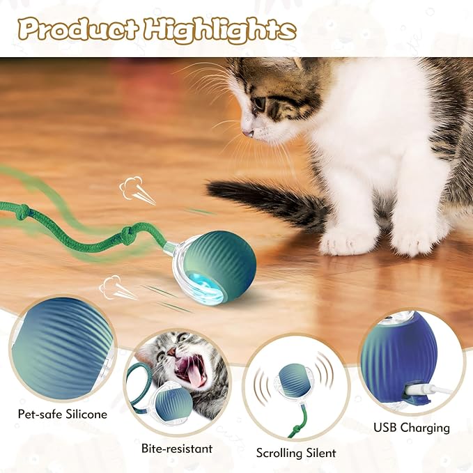 Interactive Cat Ball Toys for Indoor Cats, Upgraded Automatic Cat Toys for Bored Indoor Adult Kitty, Peppy Pet Ball for Cats, 360°Smart Rolling Kitty Balls Toy (Blue)