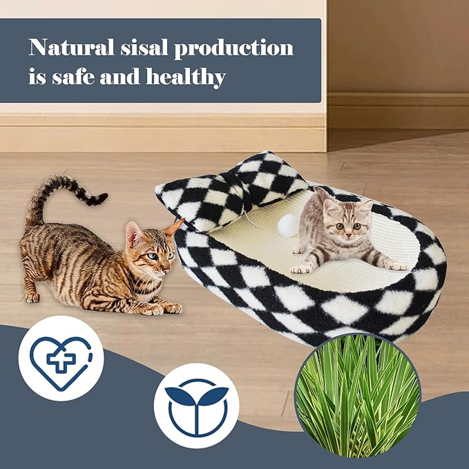 Cat Scratcher Bed 3 in 1 Sisal Cat Scratching Board for Indoor Oval Cat Scratch Pad Durable Scratching Lounge Bed Round Bowl with Toy Balls for Cats Kitten Puppy (24"x15.7"x3.5")