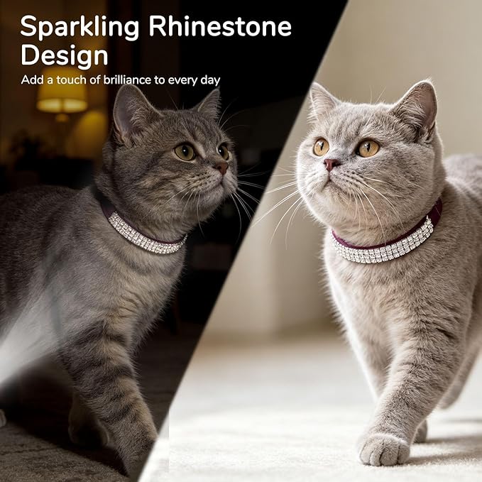 BINGPET Diamond Cat Collar with Bell, Adjustable Soft Velvet Bling Rhinestone Cat Collar, Sparkly Kitten Collar with Safety Elastic & Metal Buckle for Small Medium Cats