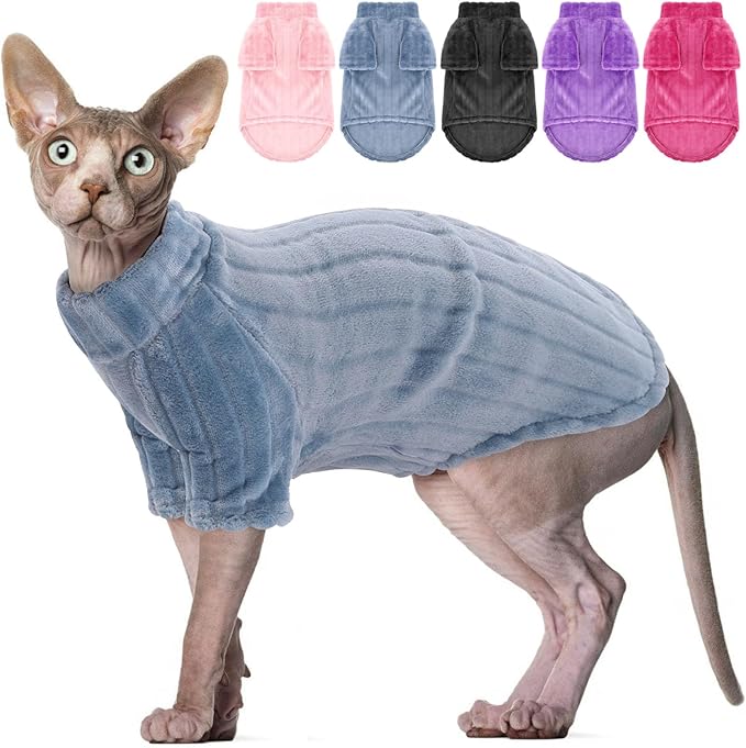 Sweaters for Cats, Hairless Sphynx Sweater Kitten Pullover with Sleeves, Warm and Soft Cat Pajamas Fleece Sweatshirt Jumpsuit, Turtleneck Clothes for Fall Winter, Blue S