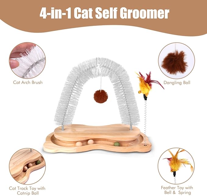 Cat Self Groomer, Cat Scratcher Grooming Brush Massager Arch for Indoor Cats Face Back Scratcher Rubbing Post Corner Brush w/ Kitten Interactive Catnip Ball Track Toy for Chasing Hunting Exercise