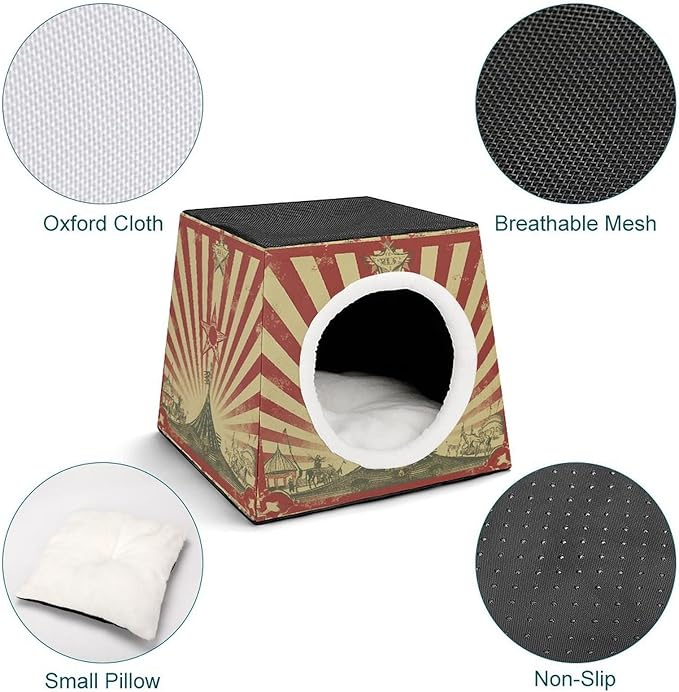 Cat Cave Cat Beds for Indoor Cats Vintage Circus Background Foldable Cat Hideaway with Washable Cushion and Non-Slip Base