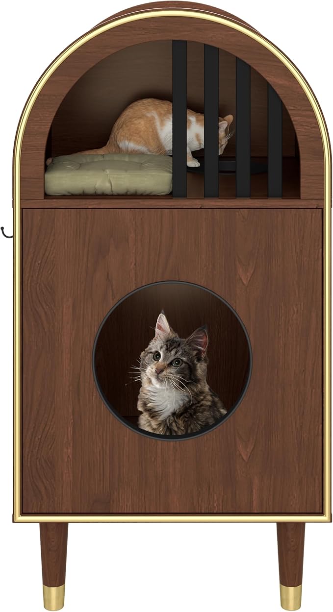 Cat Litter Box Enclosure Condo, 2-Tier Cat Bed Furniture with Arch Design, Indoor Cats Shelter for Two Cats, Cozy Kitty House with Raised Legs and Hooks, Espresso
