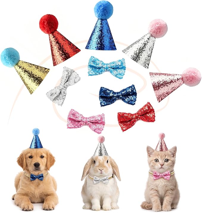 10 Pcs 5 Colors Dog Birthday Hat and Bow Tie Set-Sequin Mini Party Hats for Stuffed Animals, Cats, Puppies, Rabbits - Adjustable Sequin Pet Birthday Hats & Bowties Grooming Costume Accessories
