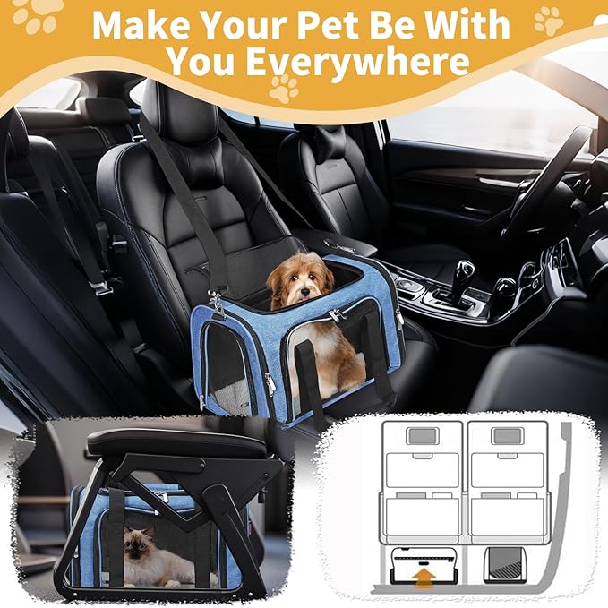 Soft-Sided Cat/Dog/Pet Carrier, Collapsible Pets Travel Carriers for Big Cats/Small Dogs with Shoulder Strap & Removable Mat, Mesh Puppy Carry Bag, Up to 25 Lbs (Blue)