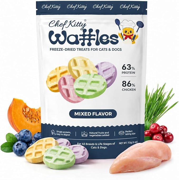Waffle Freeze Dried Chicken Cat Treats | Healthy Kitten Treats Inspected in USA | Human Grade Dog & Cat Food Toppers | Without Additives, 4 Flavors, 4.0 oz