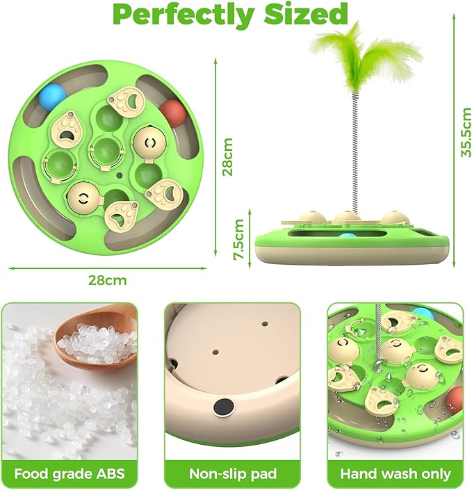 3 in 1 Cat Treat Puzzle Feeder, Level 3 Interactive Cat Puzzle Toy with Track Balls, Feather Teaser & Slow Feeder Insert, Non-Slip Base, Mental Stimulation for Bored Indoor Cats, Green