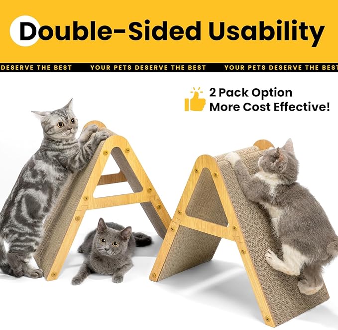 Conlun A-Frame Cat Scratching Board, Recycled Cardboard & Wood Frame, Dual-Sided Vertical Horizontal Cat Scratcher for Indoor Kittens, Ideal for Multiple Cats- 2 Pack, Light Wood, Small