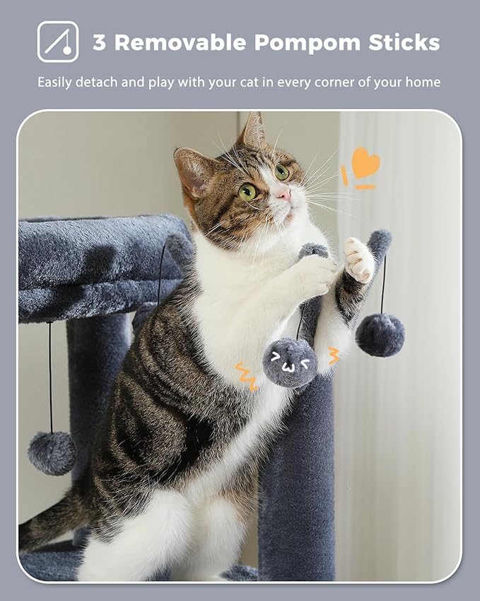 MUTTROS 59" Cat Tree, Cat Tower for Large Cats, Multi-Level Cat Tower with 3 Removable Pompom Sticks, Cat Tree for Indoor Cats, Cat Condo with Large Hammock, Scratching Post, and 2 Perches, Dark Gray