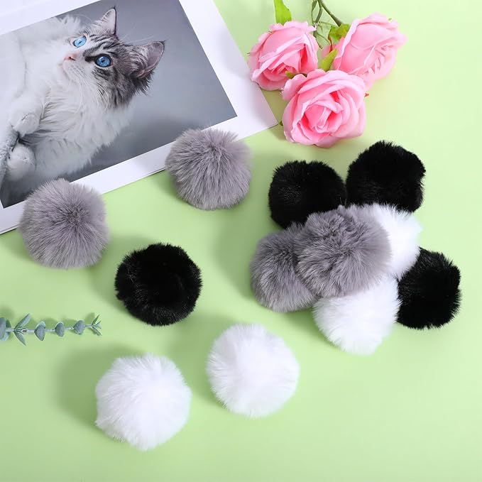 12 Pcs Cat Pom Pom Balls, Rabbit Fur Ball Cat Toy Fluffy Soft Fuzzy Balls for Cats Pets Interactive Playing Indoor, 2.75 Inches in Diameter (Gray Black White)