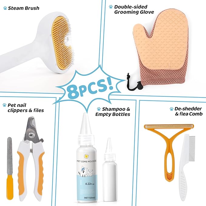Pet Steam Brush Dog Cat 2026 New Grooming Comb for Shedding, Floating Hair, Smooth & Detangling, Gentle Cool Mist Softens Hair Reduces Static Helps Pets Who Dislike Bathing,Includes Waterless Shampoo