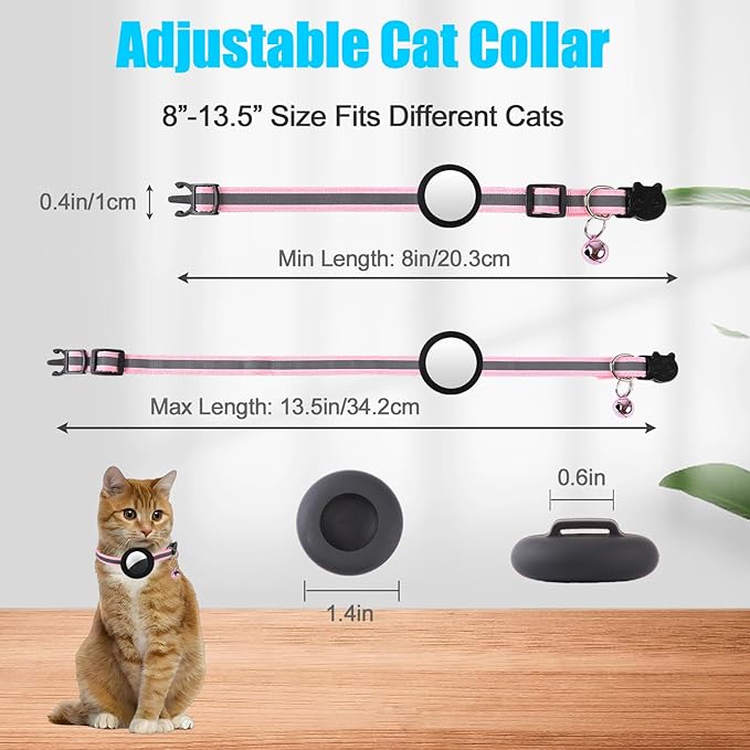 Reflective Cat Collar Fits for AirTag Holder, Breakaway Safety Buckle, Bell & Adjustable Strap for Cats Kittens - Compatible with Apple AirTag, Anti-Lost Pet Tracker Collar,Pink