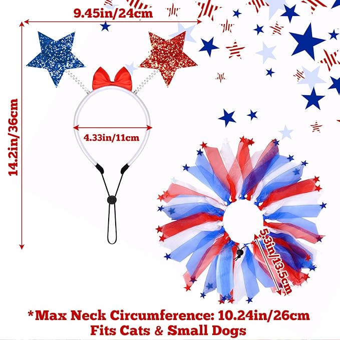 4th of July Dog Outfit, 2 Pcs Patriotic Red White Blue Dog Accessories, Fourth of July Pet Bow Headband and Star Tulle Collar Neck Ruff Set for Small Medium Dogs Cats