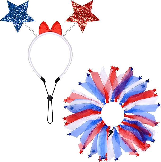 4th of July Dog Outfit, 2 Pcs Patriotic Red White Blue Dog Accessories, Fourth of July Pet Bow Headband and Star Tulle Collar Neck Ruff Set for Small Medium Dogs Cats
