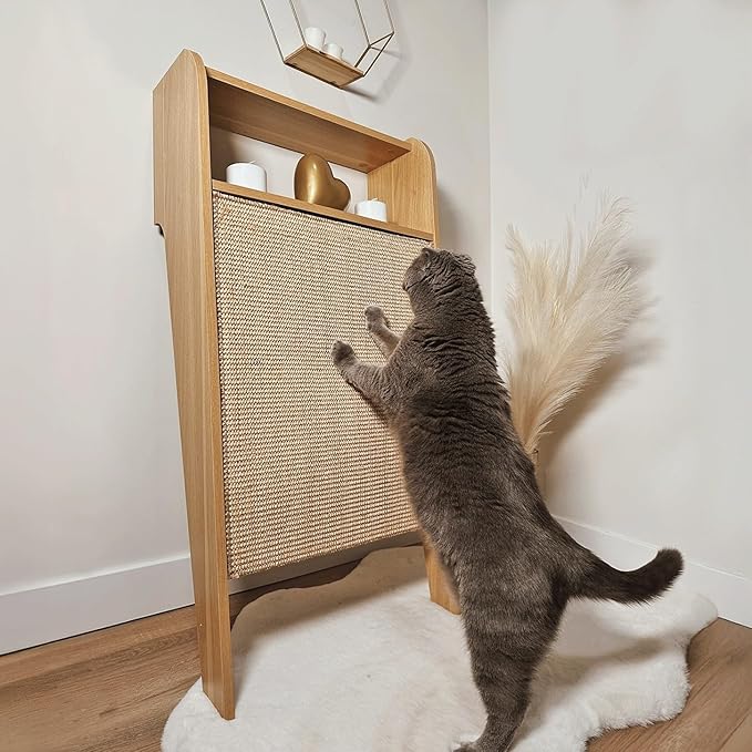 4 Cats & Dogs Wesley Cat Scratcher – Stylish & Durable Sisal Scratching Post Shelf, Vertical Scratch Board Furniture Protector, Indoor Wooden Cat Scratcher for Entryway Décor 20” x 11” x 40”- Oak