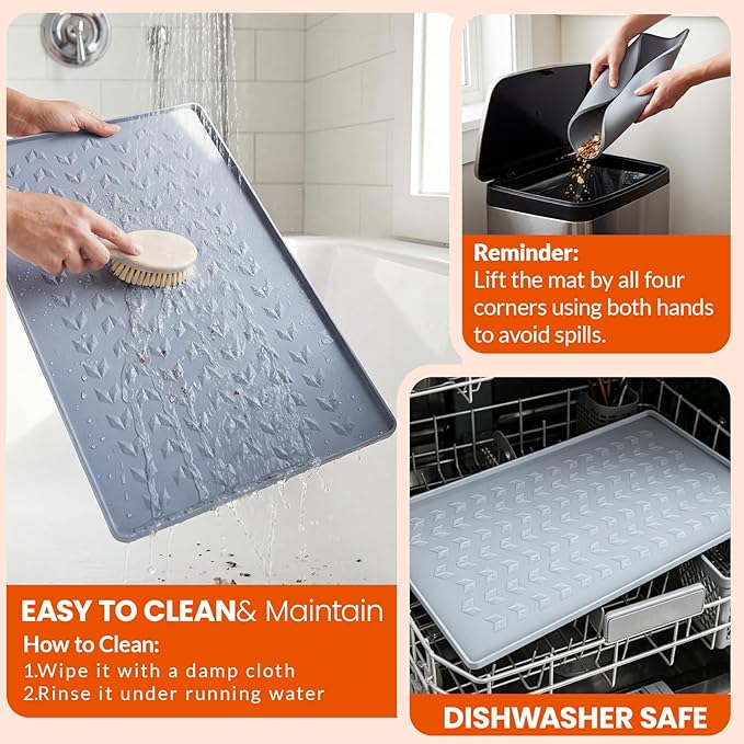 Silicone Pet Feeding Mat - 100% Waterproof Dog & Cat Bowl Pad with Raised Edges - Protects Floors from Messy Eaters & Spills - Anti-Slip, 100% PET-Safe, Dishwasher Safe (Grey 18.5"x11.5")