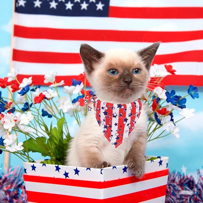 PTDECOR American Flag Cat Collar Breakaway with Cute Bow Tie Bell, 4th of July Bandana Collar, Patriotic Cat Bowtie Collars for Kittens (Red&White)