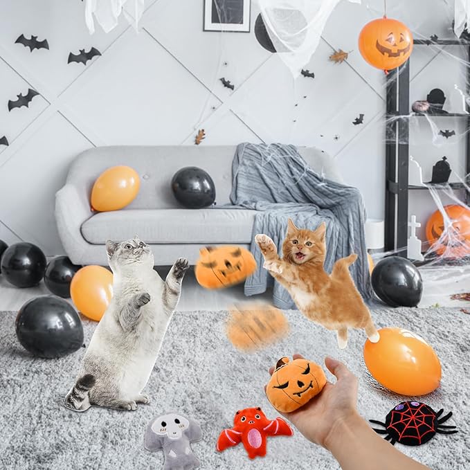 8PCS Halloween Catnip Ball Plushie Toy for Cats with Crinkle Paper Halloween Catnip Toys for Kitten