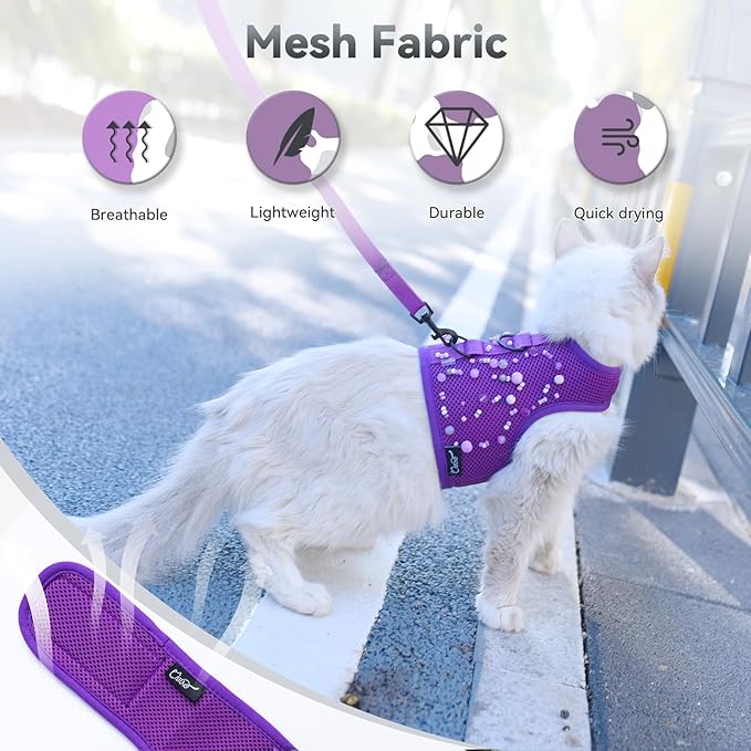Cat Harness and Leash for Walking Escape Proof Breathable Mesh Fabric, Purple, Medium, Adjustable Cat Walking Jackets, Padded Stylish Cat Vest
