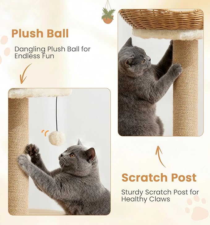 Made4Pets 30in PE Rattan Cat Tree Tower with Scratching Post, Birdcage-Style Wooden Condo with Reversible Cushion & Thickened Base, Handwoven Wicker Basket Bed and Plush Cushion Top Perch