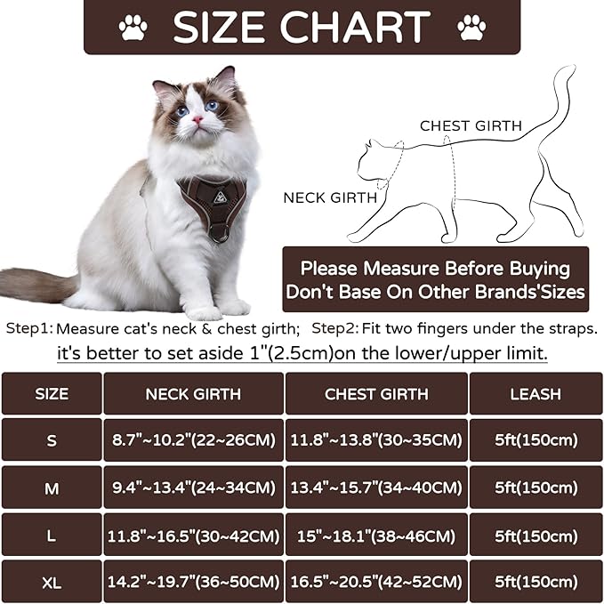 Cat Harness and Leash Set for Outdoor Walking, Upgraded Escape Proof Adjustable Kitten Vest with Lead for Small Cat, Soft Breathable Mesh Jacket with Reflective Strips for Dark Night, S Coffee Brown