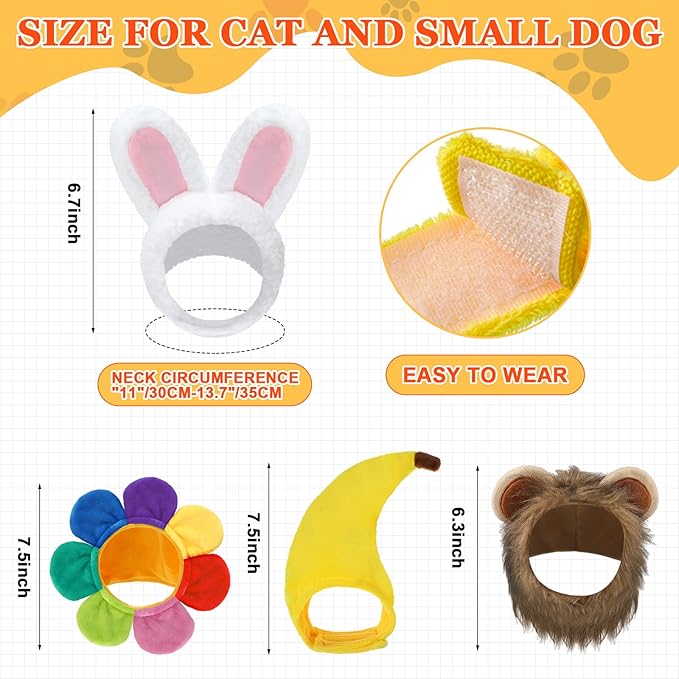 10 Pcs Cat Costumes - Bunny, Bear, Lion, Fruit Shaped Hat - Adjustable Accessory Headwear for Small Dog, Kitten, Puppy - Pet Festival Birthday Theme Party Photo Prop