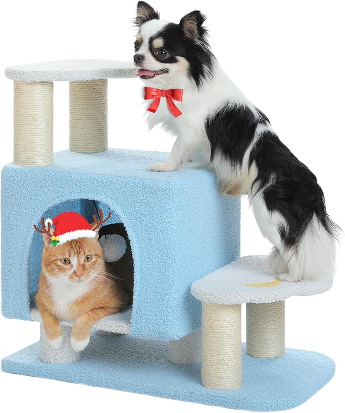 3-in-1 Cute Dog Stairs & Cat Scratching Post with Condo, Pet Steps for High Bed, Sofa, Couch, Tall Cat Tower, High-Strength Board for Indoor Small Cats Kittens Dogs Climbing Playing, 3 Steps-Blue