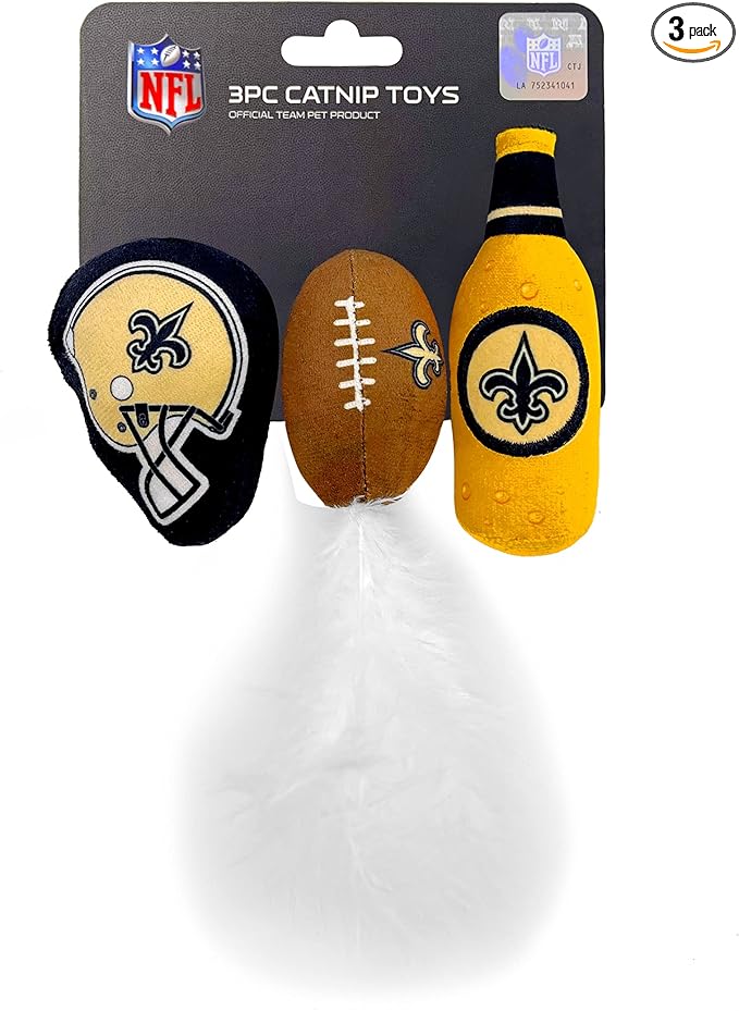 BEST PLUSH CAT TOY: NFL NEW ORLEANS SAINTS Complete Set of 3 piece Cat Toys filled with Fresh Catnip. Includes: 1 Helmet Cat Toy, 1 Football Cat Toy with Feathers & 1 Beer Bottle. Beautiful Team LOGOS