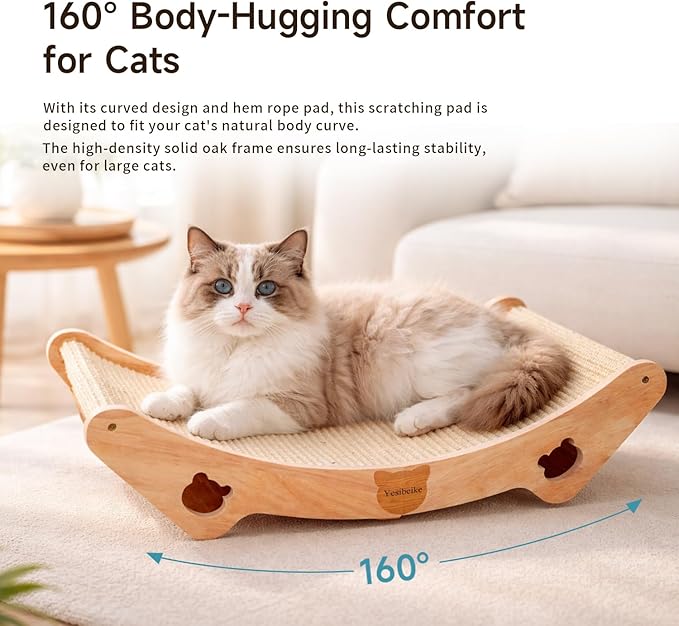 Upgraded Sisal Cat Scratcher Bed, Solid Oak Frame 1.3 cm Thick, 100% Sisal Pad, Curved Scratch Lounger, Stable Base Up to 36 lb, Sofa Protector, Odor-Free, 23.6" x 13.7"