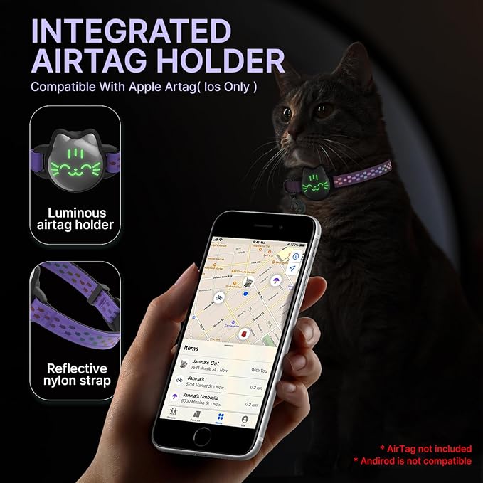 Waterproof Airtag 2nd & 1st Cat Collar, Breakaway Cat Airtag Collar with Luminous & Reflective Pattern Strap, Lightweight Kitten Collars for Apple Air tag, Hidden Holder - Cats, Kittens