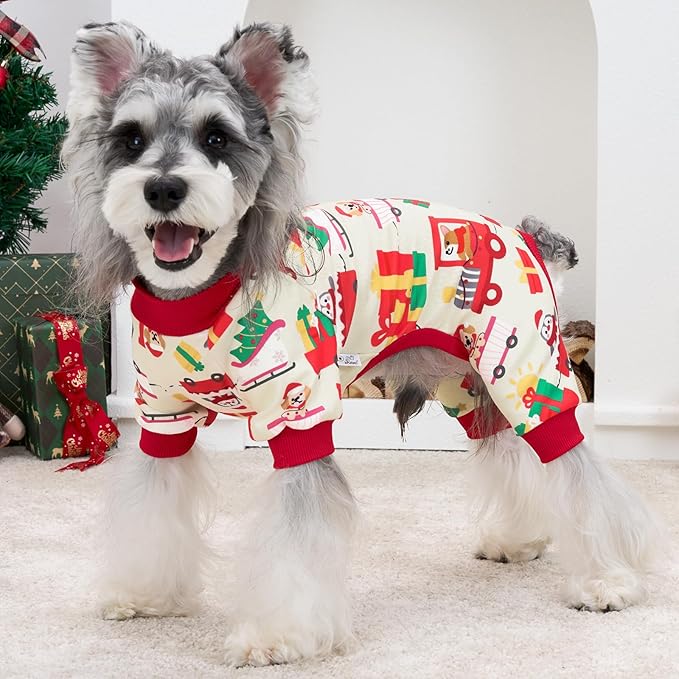 XPUDAC Dog Christmas Pajamas Soft Puppy Outfits for Small Medium Dogs Pet Clothes Pjs Doggie Bodysuit Cat Christmas Apparel, Yellow, S
