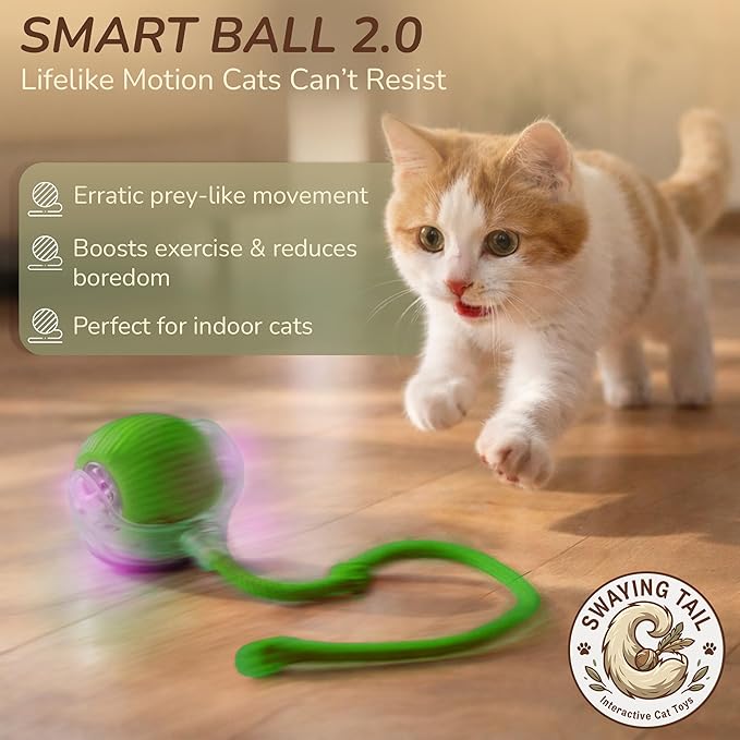 Smart Ball 2.0 - Automatic Cat Toy & Interactive Dog Toys for Small Dogs - Moving Cat Toy Ball for Indoor Cats - Motion Activated, Light Up, USB-C Rechargeable Pet Toy, 2 Speed Modes [Green]