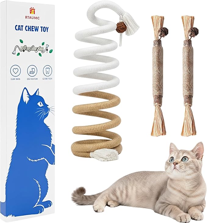 3-Pack Cat Chew Toys, Silvervine Sticks and Cat Chew Rope, Dental Care for Bored Indoor Cats, Interactive Toys with Refillable Catnip for Kittens Teeth Cleaning