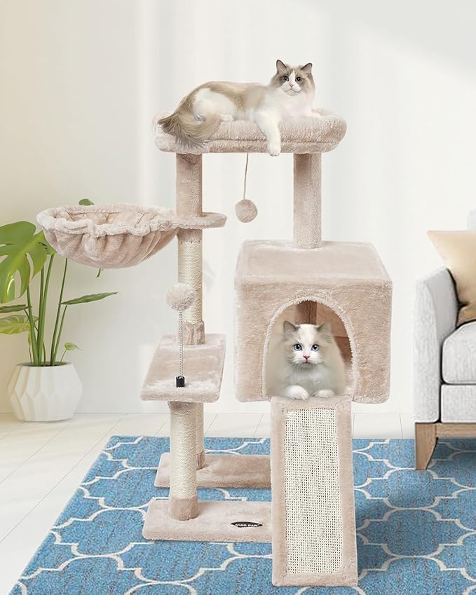 Beige Cute Cat Tree Tower for Indoor Cats Condo with Sisal Scratching Posts Jump Platform Furniture Activity Center Play House Bed