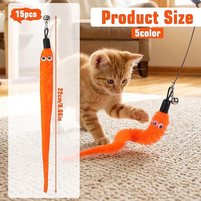 Larrel 15PCS Cat Worm Toy Replacement, Cat Wand Toy Accessories, Soft Worm Cats Toys Teaser with Bell, Fuzzy Worms Toys Attachments Replacements with Eyes for Indoor Cats and Kitten (5 Colors)