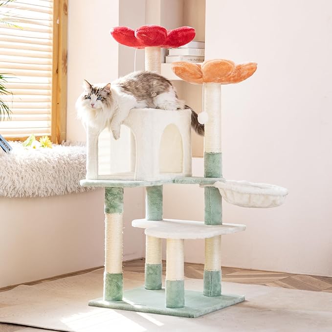 HYABi 48-inch Modern Cat Tree with Hanging Basket & Flower Design, Multi-Level Cat Tower with Plush Perches, Sisal Scratching Posts & Toy Balls, Stylish Indoor Playhouse for Cats & Kittens