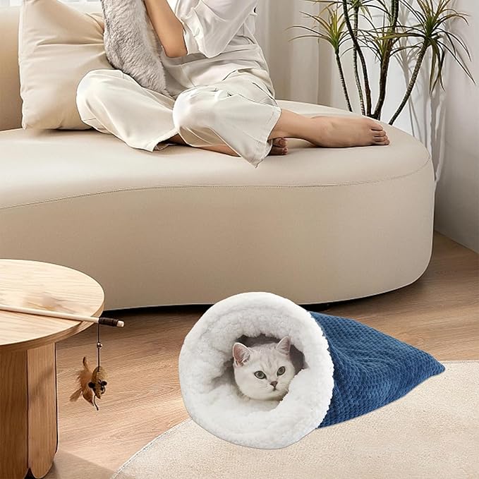 Hibycknl Cat Sleeping Bag - Soft Plush Large Self-Warming Bed for Winter, Cosy Cave 360 Wrap Comfortable Pet Snuggle Sack for Cats up to 6kg, Dark Blue